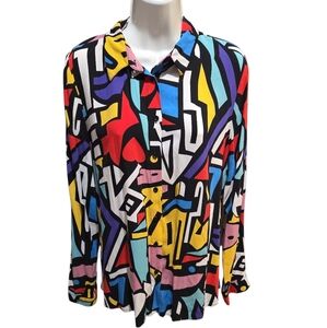 Big Dart Womens EU 48 Geometric Art Blouse 80s Retro Button Up Abstract US L